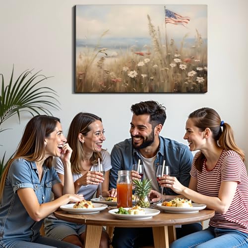 Image of Framed American Flag Wildflower Field Wall Art, Patriotic Rustic Canvas Art Pictures, USA Flag Coastal Meadow Wall Decor, Made in USA Ready to Hang for Living Room Bedroom