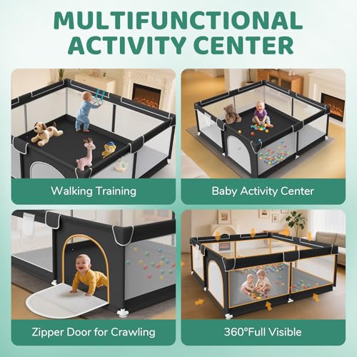 Image of Baby Playpen 64x64 Inch for Babies and Toddlers Indoor & Outdoor | Large Baby Play Yard, Safe & Sturdy, Easy-Assembly, Non-Slip, Easy to Clean, Black, Lightweight, External Zipper Door