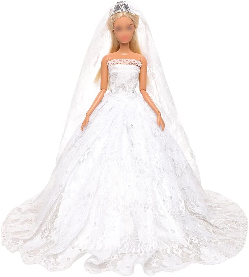 BARWAWhite Wedding Dress with Long Veil Evening Party Princess White Lace Gown Dress for 11.5 Inch Girl Doll