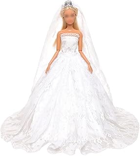 BARWA White Wedding Dress with Long Veil Evening Party Princess White Lace Gown Dress for 11.5 Inch Girl Doll - Buy now