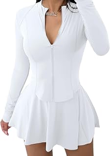 Vssjavun Women 2 Piece Outfits Long Sleeve Workout Jacket Mini Skirt Sets | Two Piece Sets,Long Sleeve Running Jacket with Matching Mini Skort,2 Piece Skirt Set for Tennis Workout Sweatsuit Tracksuit