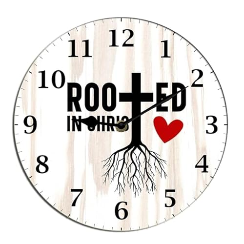 Horienteeon Rooted In Christ Horloge murale avec verset de la Bible Jésus Dieu Foi Écriture inspirante Cuisine Salon Horloge décorative silencieuse sans tic-tac Fonctionnement à piles Chambre