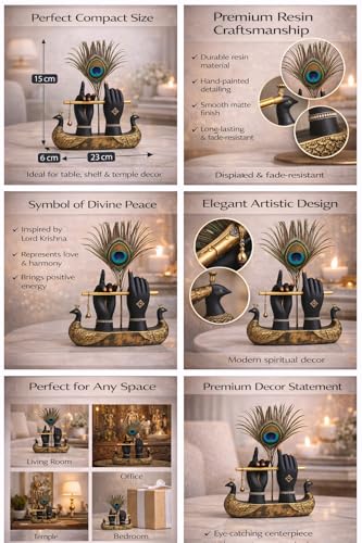 Image of Mariner's Creation Decorative Krishna Hand Showpiece with Metal Flute and Peacock Feather for Home Decor Living Room and Pooja Room and Gift, Black and Gold Base, 23x6x15 cm, Religious Home Decor