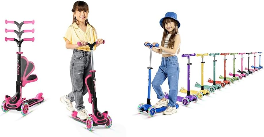 Kids Scooters with LED Lights - Pink and Blue Adjustable 3 Wheel Kick Scooters - Sit or Stand Ride Design