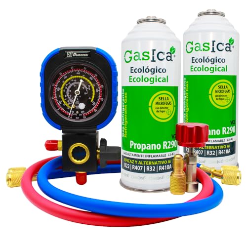 Ralertreik Pack Gasica V2 Gas Refrigerante Organico Sustituto del R22/R407/R32 y R410A (2 Botellas + Manometro + Llave)