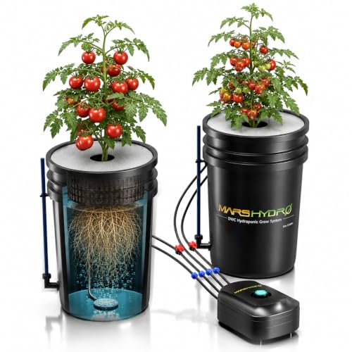 Mars Hydro DWC Système de Culture hydroponique en Profondeur de 5 gallons avec Pompe à air 8W, Tuyau d'air Polyvalent, Pierre à air, 2 seaux et kit de Goutte à Goutte supérieur