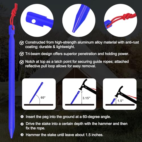 Image of Eurmax USA Hiking Camping Tent Stakes and Hammer Set Lightweight Multi-Function Tent Hammer with Tent Stake Remover,Tent Pegs for Camping, Hiking, Backpacking, Gardening(Blue Stakes)