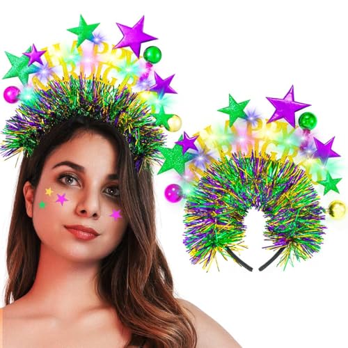 Handcess Diadema de estrella de carnaval con luces LED, diadema de Mardi Gras con purpurina brillante, accesorios para el cabello para mujeres