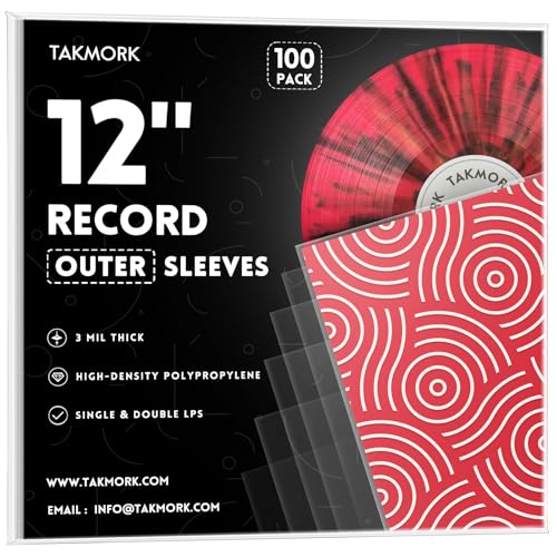 TAKMORK Vinyl Outer Sleeves, 12" 3 Mil Crystal Clear, 100 Pack