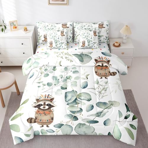 Erosebridal Cute Raccoon Full Comforter Set 7 Pieces for Kids Green Eucalyptus B