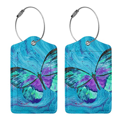 2 Pack Luggage Tag for Suitacase, Cute Unique Leather Suitcase Tags Identifiers with Privacy Name Address Labels & Durable Steel Loop for Women Men Travel - Butterfly