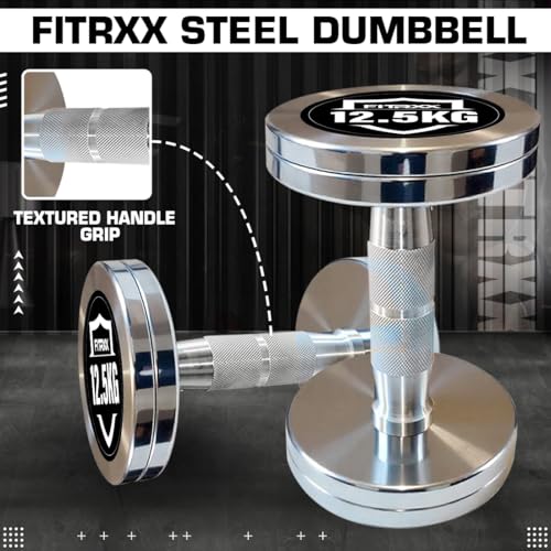 Image of Fitrxx Pair of chrome plated steel Fixed Weight Dumbbells - Gym equipment for home workout | Fitness Gym Dumbbell set for Muscles | stainless steel dumbles set | Dumbell Weights for Workout (Silver, 12.5 Kg Pair)