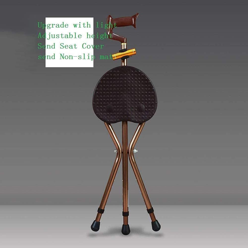 Bastón para caminar, asiento de bastón plegable, práctico asiento de bastón, capacidad de 400 libras, 3 patas, altura ajustable, bastón alto con luz LED, unisex para personas mayores, hermoso pai