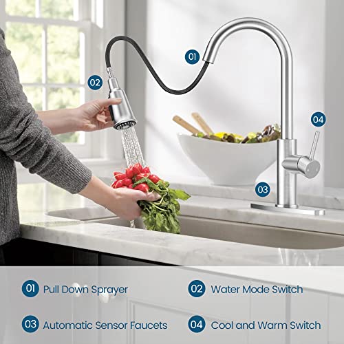 Lepo Touchless Sensor Pull Out Kitchen Sink Faucets, Automatic Motion Smart Brushed Nickel High Arc Kitchen Faucet With Pull Down Sprayer, Touchless Faucet Suitable For 1 Hole 3 Holes (Brushed Nickel) #TOP1