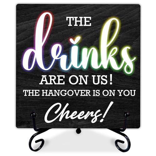 5'' Wooden Sign kitchen Decor & Accessories - The Drinks Are On Us! Cheers -Black Wooden Plaque With Metal Stand Tabletop Home Decor-Kitchen Bar, Bridal Shower Supplies, Gifts For Friends & Family-A02