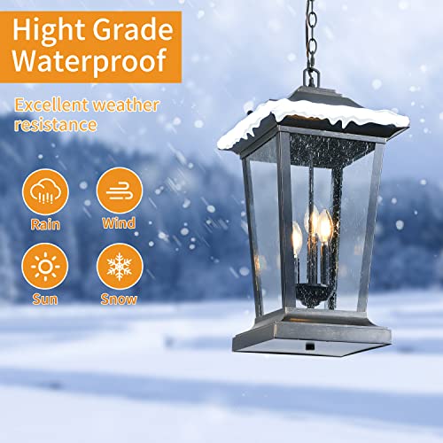 Smeike Large Outdoor Pendant Light, Led Outdoor Chandelier, Modern Exterior Hanging Lantern, Hanging Outdoor Light Fixture For Porch, Vapor Bubble Glass Sheet With Matte Black Finish #TOP1