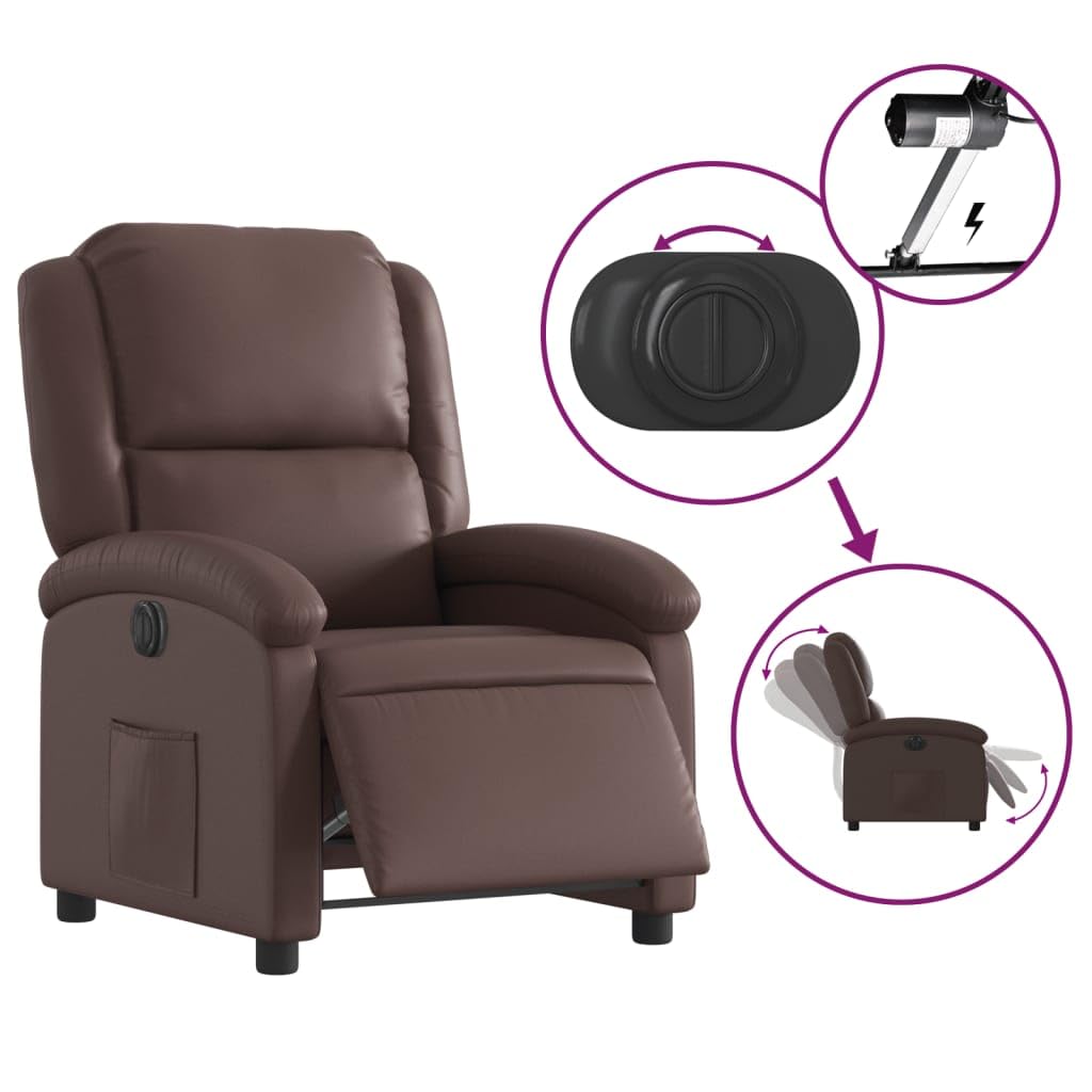Elektryczny fotel relaksacyjny, brązowy, sztuczna skóra, z funkcją leżenia, regulowany, ergonomiczny, z podłokietnikami i kieszenią boczną, do salonu, biura i kącika do czytania, stabilna