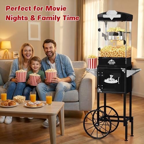 Image of Popcorn Machine, 10 Oz Vintage Popcorn Machine Cart with Wheels, Professional Movie Theater Style Popcorn Popper Makes Up to 40 Cups, Popcorn Maker Machine for Home & Commercial (Onyx Black)