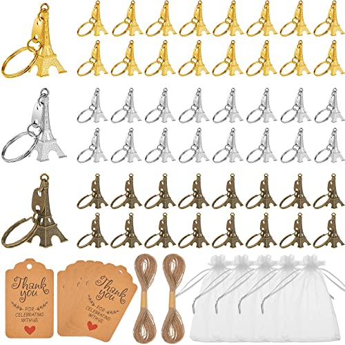 60 Sets Paris Party Favors Eiffel Tower Keychain White Organza Bags Thank You Kraft Tag French Souvenirs Retro Adornment for Paris Themed Party Decorations Bridal Wedding Birthday