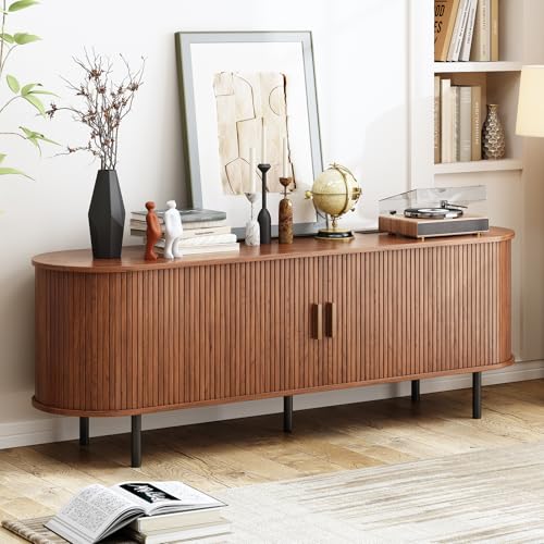 Image of 63 inch Fluted TV Stand with Power Outlet, Modern Media Console with Sliding Doors, Entertainment Center for TVs up to 60 Inch, Adjustable Shelves, Walnut