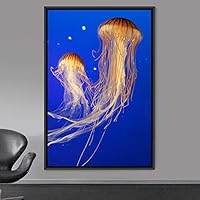 Framed Canvas Wall Art Jellyfish Bedroom Colorful Jellyfish Marine Life Multicolor Neon Photography Tropical - 16x24 inches
