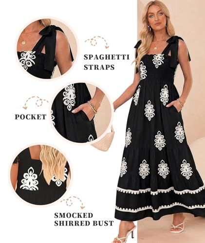 Image of CURBODO Women's Summer Maxi Dress Boho Spaghetti Straps Casual Long A-line Smocked Beach Dress Square Neck Flowy Sun Dress