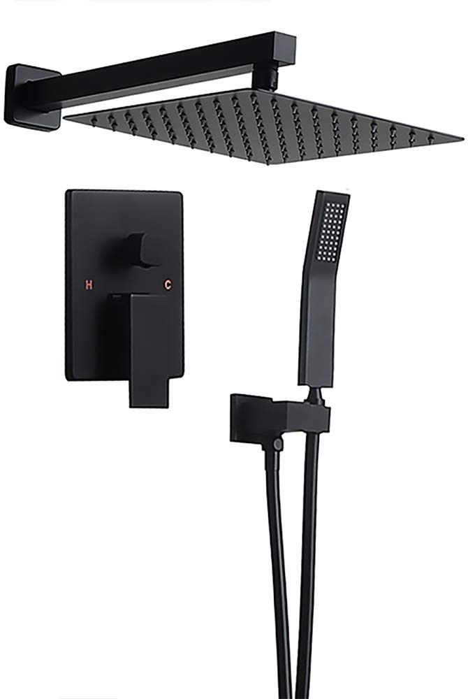 HomaryMatte Black Wall Mounted Rain Shower Set Square Shower Head Handheld Shower Modern Dual Function Shower Fixture for Bathroom, Solid Brass cUPC Listed 10 Inch Matte Black Shower System