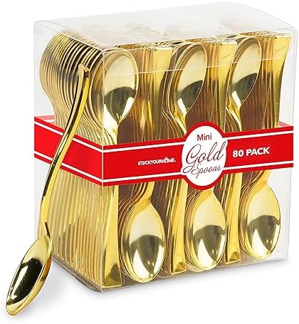 Gold Plastic Mini Spoons Disposable, 4 inch (80 Pack) Tasting Spoon, Dessert Mini spoon for Ice Cream Taster, Small Sample Desserts, Gelato Sampling, Fancy Miniature Pudding, Little Appetizers, Bulk