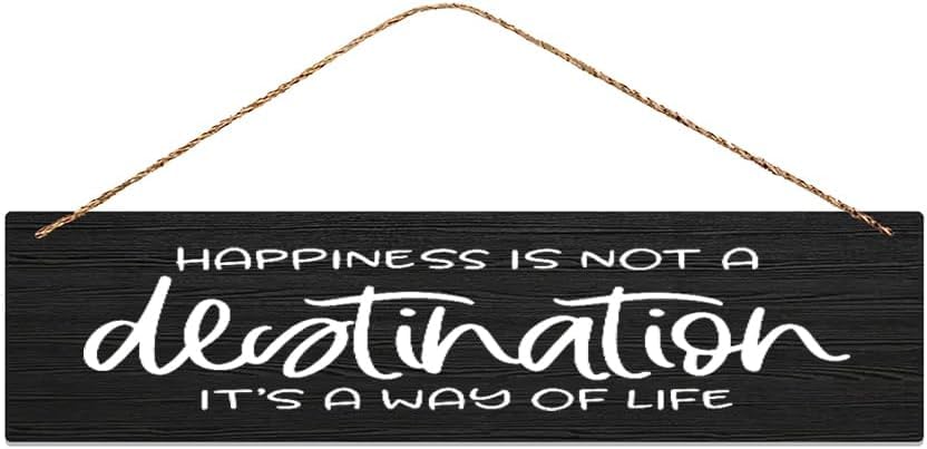 HISGAIG Wooden Hanging Sign Wall Art Decor Happiness Is Not A Destination It'S A Way Of Life Wooden Hanging Sign Plaque Rustic Wall Art Decoration 4x16 Inch