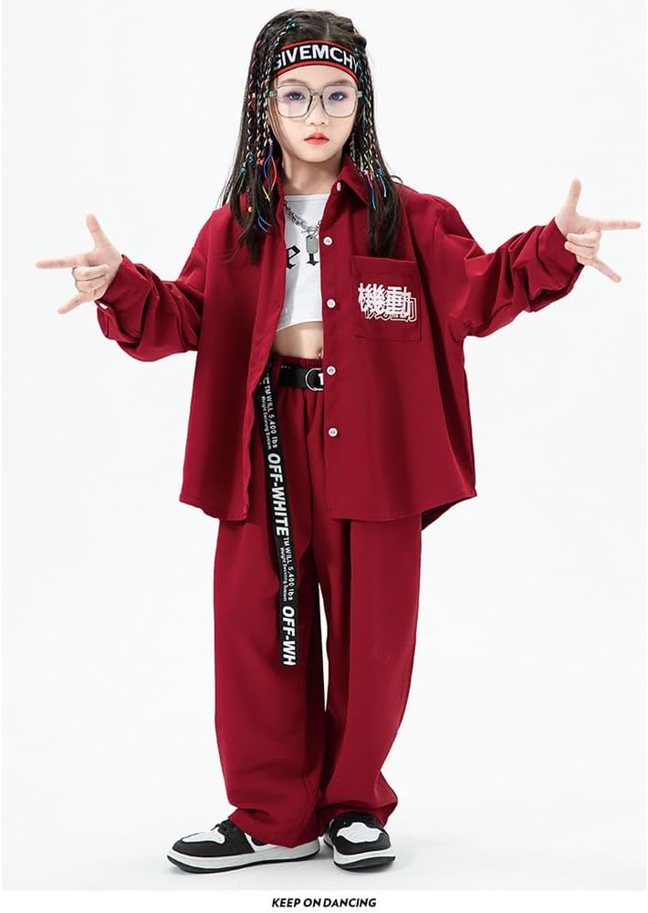 Boys and Girls' Burgundy Hip Hop Streetwear Set Big Kids Oversized Shirt Print Cargo Pants Dance Performances