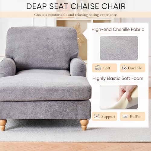 JEEOHEY Chaise Lounge Chair with Adjustable Backrest, Modern Upholstered Chenille Leisure Sofa Recliner, Sleeper Chair Bed with Rolled Arm for Indoor, Bedroom, Living Room, Study Room, Office, Grey
