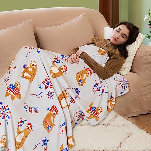 4Th Of July Blanket Sloth Blanket Fourth Of July Decor Star Flag Print Throw Blanket Patriotic Blanket Soft Warm Lightweight Plush Blanket For Boys And Girls, Patriotic Sloth 50"X60" #TOP2