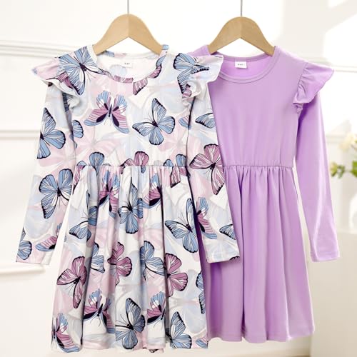 FYMNSI Kids Girls 2 Pack Long Sleeve Dress Toddler Fall Winter Clothes Butterfly Floral Ruffle Casual Holiday Dresses2