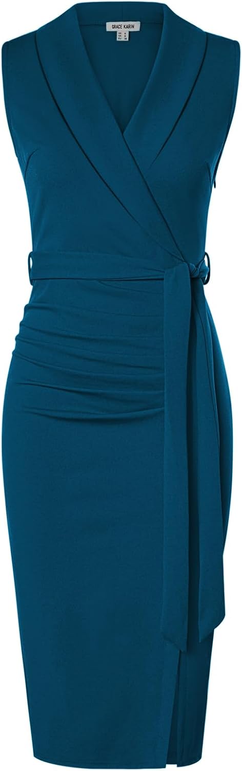 GRACE KARIN Women's Wear to Work Sleeveless Ruched Bodycon Office Pencil Midi Dresses with Belt