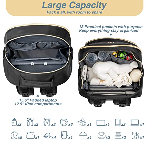 Momuvo Diaper Bag Backpack, Quilted Baby Bag With Changing Pad & Stroller Straps & Pacifier Case, Large Travel Diaper Bags For Mom Dad, Black #TOP1