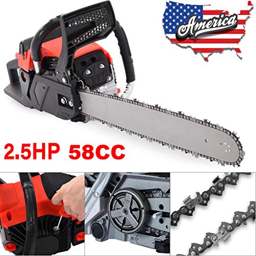 Gasoline Chainsaw 20 Inch Gas Chain 2 Strokes Automatic Chain Oiler Anti-vibration System Wood Cutting 58CC Petrol Chainsaw with Tool Kit Carry Bag for Cutting Trees Farm Garden