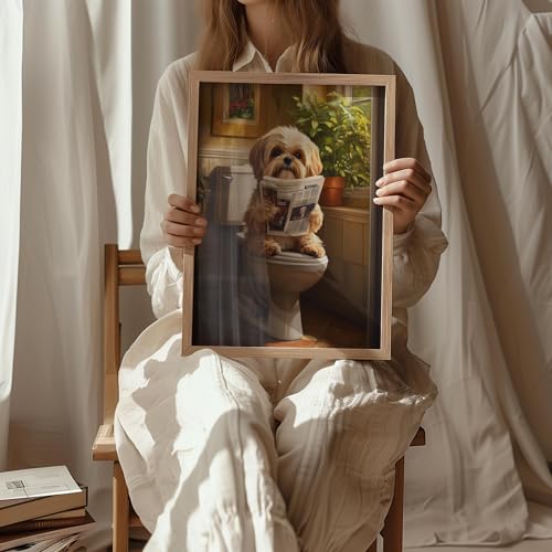 Image of Shih Tzu on Toilet Wood Framed Wall Art Print Poster, Dog Bathroom Humor Decor Posters Prints for Restroom Home Picture Painting Artwork Gallery 7 (Shih Tzu, 10 inchL x 8 inchW, Wood Frame)