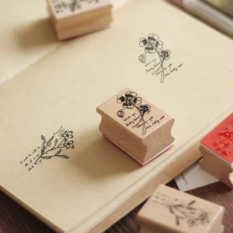 Miniatura 3 de Tvoip 9 sellos de madera con patrón de flores, sellos de tinta impresos con patrón de flores rectangulares, juego de sellos de goma decorativos para