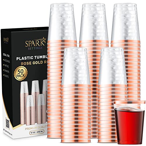 Sparksettings Rose Gold Plastic Cups Disposable, 50 Pack 10Oz Elegant Clear Party Cups, Sturdy Plastic Wine Tumblers For Weddings, Bridal Showers, Christmas Disposable Cups For Wine, Sodas, Drinks #TOP8