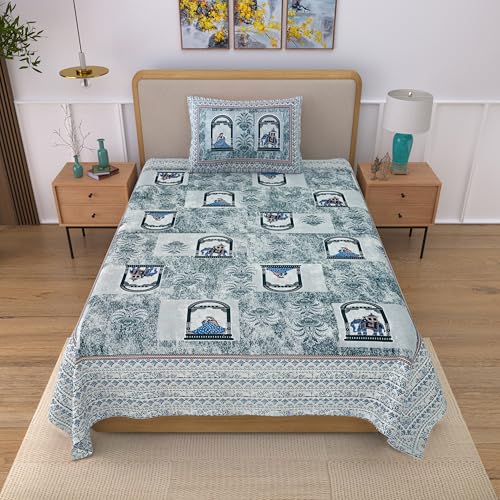Image of 100% Cotton Single Bedsheet with 1 Pillow Cover | 240 TC Pure Cotton Flat Bed Sheet | Traditional Jaipuri Printed Bedding Set | Soft & Breathable | 60 x 90 Inch (Rangmahal Single 59)