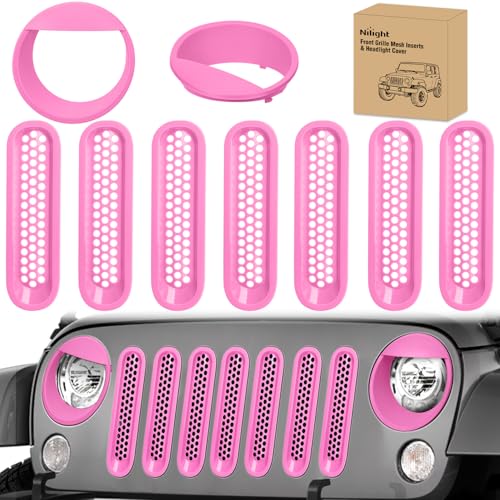 Image of Nilight Grill Inserts fit for Jeep Wrangler Front Grille Mesh Inserts & Headlight Cover Set for JK JKU Unlimited Sports Sahara Freedom Rubicon 2007-2018 Clip-in Trim Exterior Accessories Pink 9 Pcs