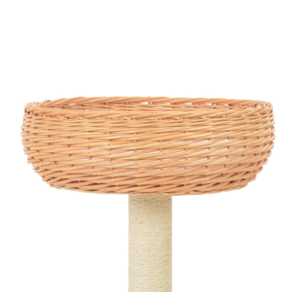 Kratzbaum Naturholz mit 2 Weidenkörben Katzenkratzbaum 68 cm | Kompakter Katzenkratzbaum aus Weide und Sisal für das Wohnzimmer, inklusive 2 Liegekörben und Kissen.