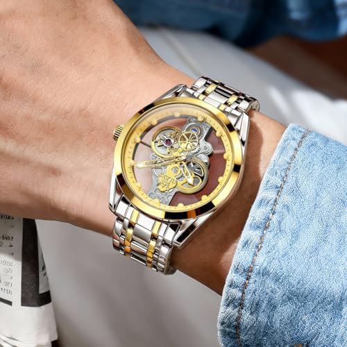 Image of OLEVS Mens Watch Luxury Skeleton Stainless Steel Fashion Wrist Watch Business Dress Analog Date Waterproof Luminous Gift Watch for Male