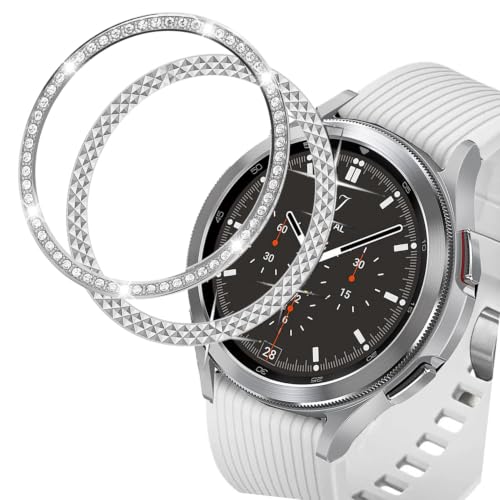 DEALELE [2-PACK Bezel Cover Compatible with Samsung Gear Sport/Galaxy Watch 42mm / Galaxy Watch 4 Classic (42mm), Bling Diamond + Rhombus Stainless Steel Metal Bezel Ring Watch Face Bumper (Silver)