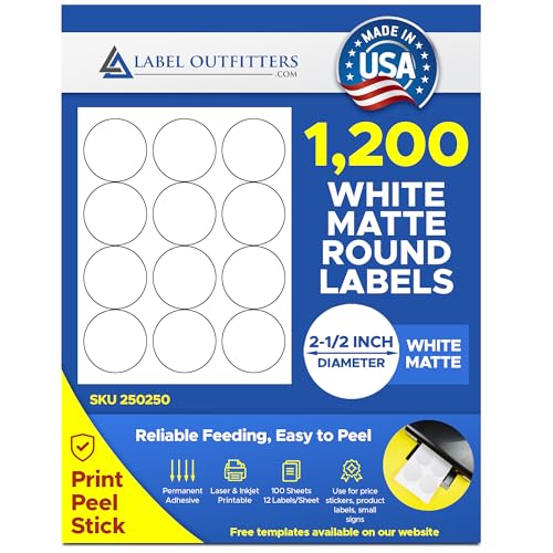 1,200 Label Outfitters® Round, White, 2-1/2