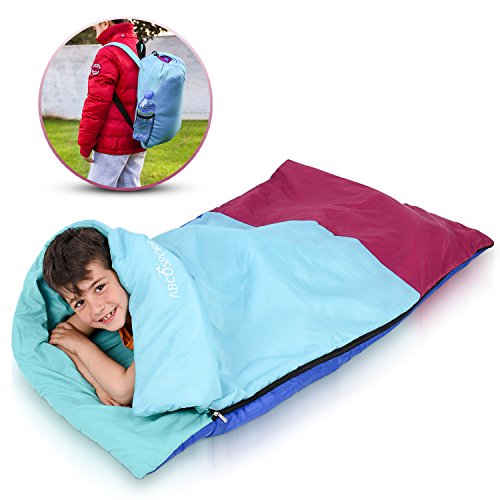 Kids or Children’s Junior Sleeping Bags – Polyester Ultralight Sleeping Bag for Camping & Hiking – Withstands Extreme Temp. of 32-60°F – Includes Backpack for Storage & Carrying