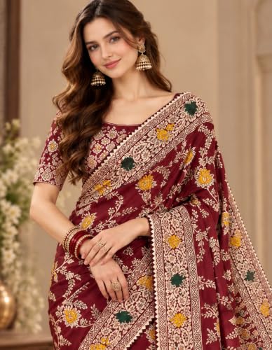 Image of Womens Banarasi Kanjivaram Art Silk Saree | Meenakari Floral Jaal Weave & Scalloped Border | Includes Unstitched Blouse Piece
