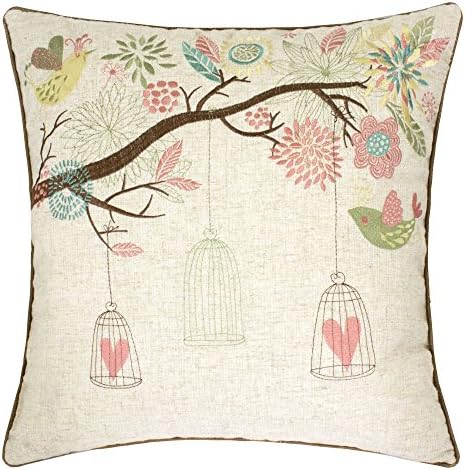 Homey Cozy Embroidered Linen Throw Pillow Cover, Decorative Square Couch Cushion Pillow Case Rustic Shabby Chic Garden 20 x 20 Inch, Cover Only