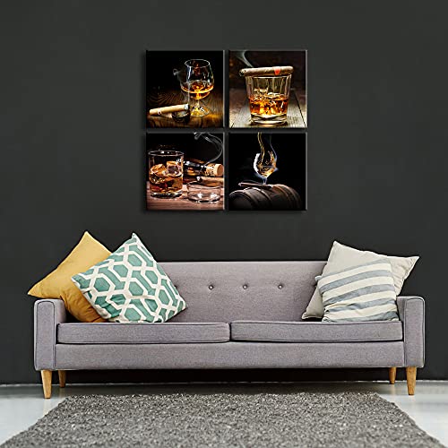 Pyradecor Cigar Wine Whisky Canvas Prints Wall Art Liquor Still Life Pictures Paintings For Kitchen Bar Pub Home Decorations 4 Piece Modern Stretched Ready To Hang Artwork #TOP2