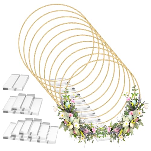 Yuanan 10 Pcs Metal Floral Hoop Centerpiece 12 Inch Large Metal Hoop for Crafts with Acrylic Stand Gold Wreath Ring for Table Decor Wedding Wreath Decor Wall Hanging and Dream Catcher Crafts